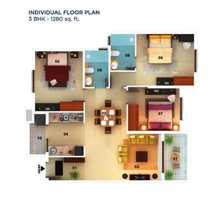 Mantri Serenity 3 BHK floor plan, about 1,280 sq ft