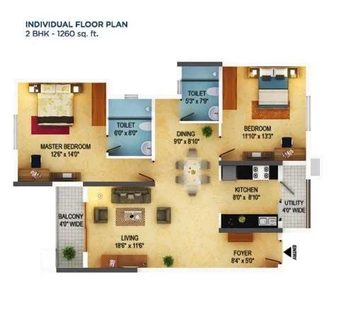 Mantri Serenity 2 BHK floor plan, about 1,260 sq ft