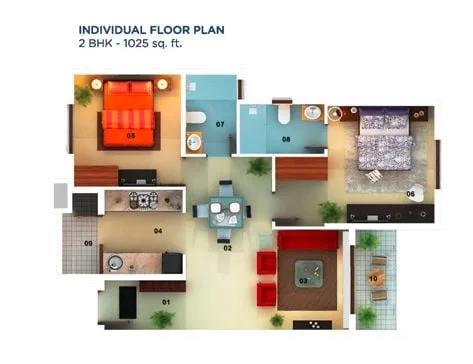 Mantri Serenity 2 BHK floor plan, about 1,025 sq ft