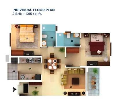 Mantri Serenity 2 BHK floor plan, about 1,015 sq ft