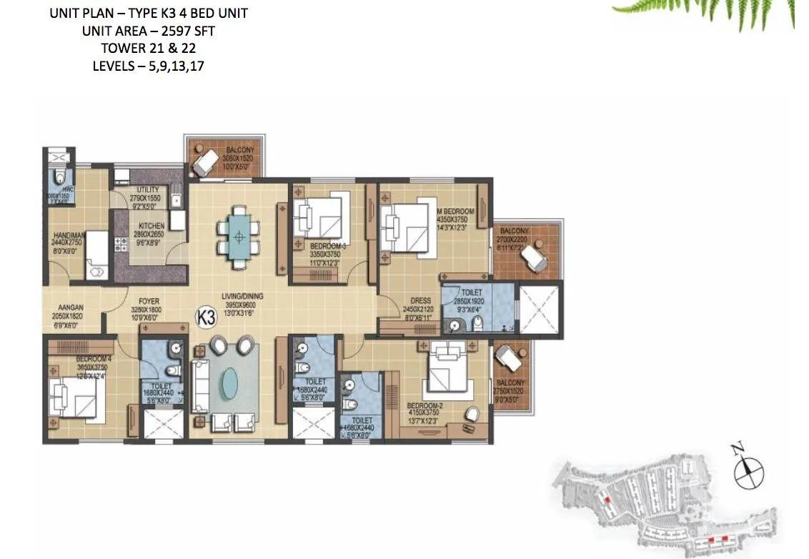 Prestige Ferns Residency 4 BHK floor plan, about 2,597 sq ft