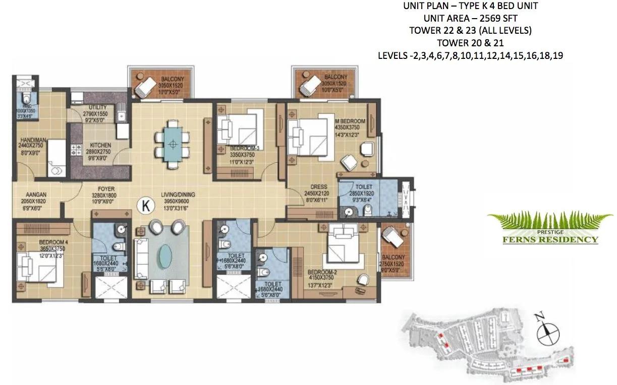 Prestige Ferns Residency 4 BHK floor plan, about 2,569 sq ft
