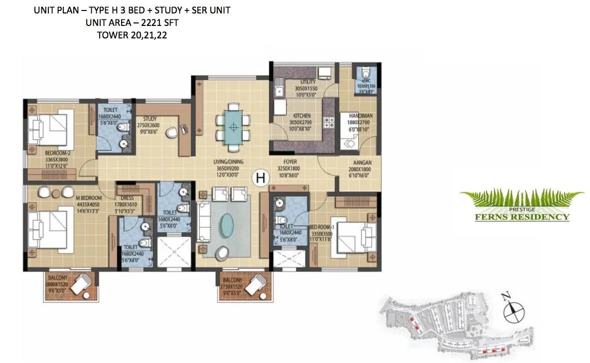 Prestige Ferns Residency 5 BHK floor plan, about 2,221 sq ft