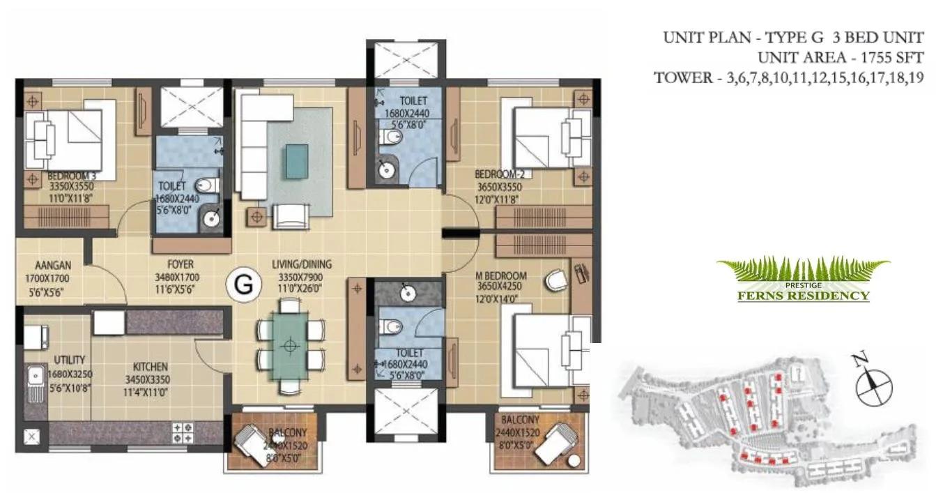 Prestige Ferns Residency 3 BHK floor plan, about 1,755 sq ft