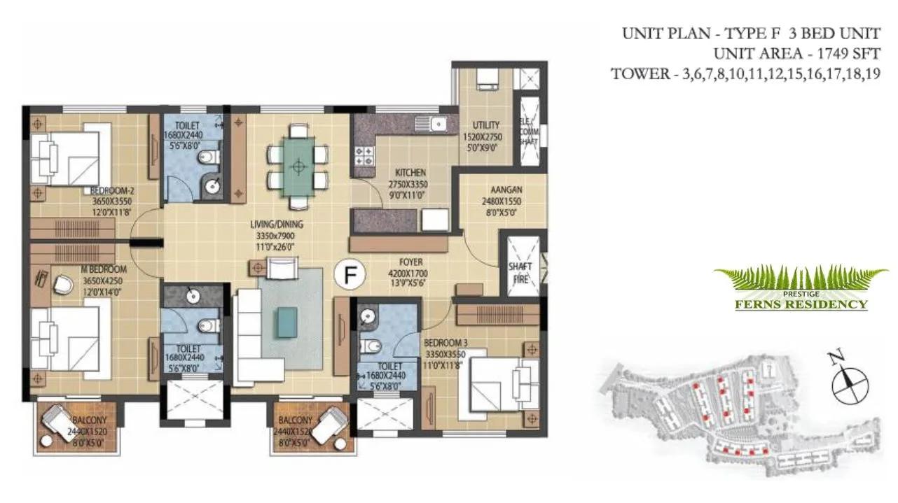 Prestige Ferns Residency 3 BHK floor plan, about 1,749 sq ft