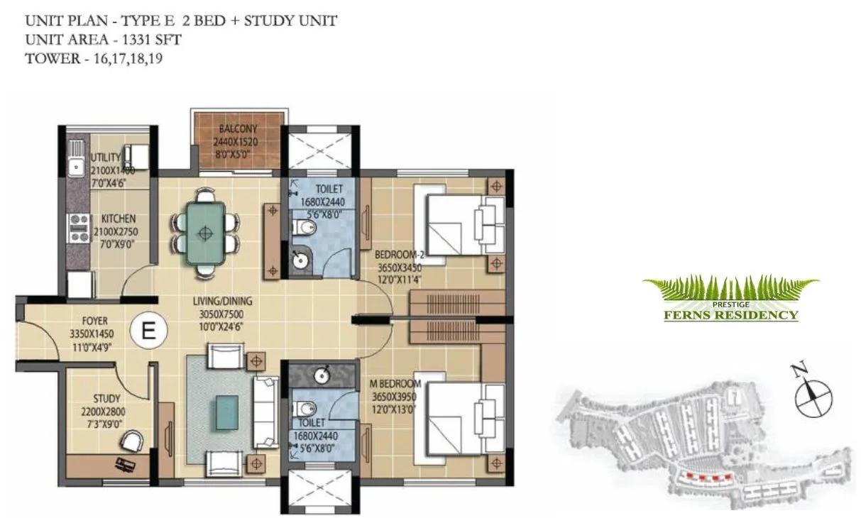 Prestige Ferns Residency 5 BHK floor plan, about 1,331 sq ft