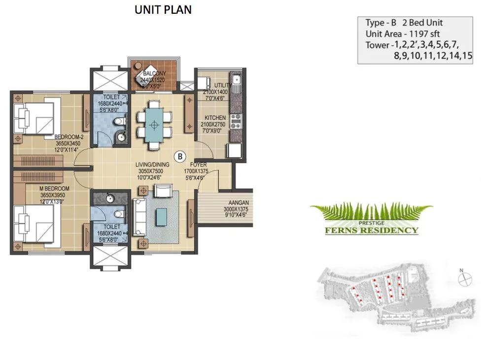 Prestige Ferns Residency 2 BHK floor plan, about 1,197 sq ft