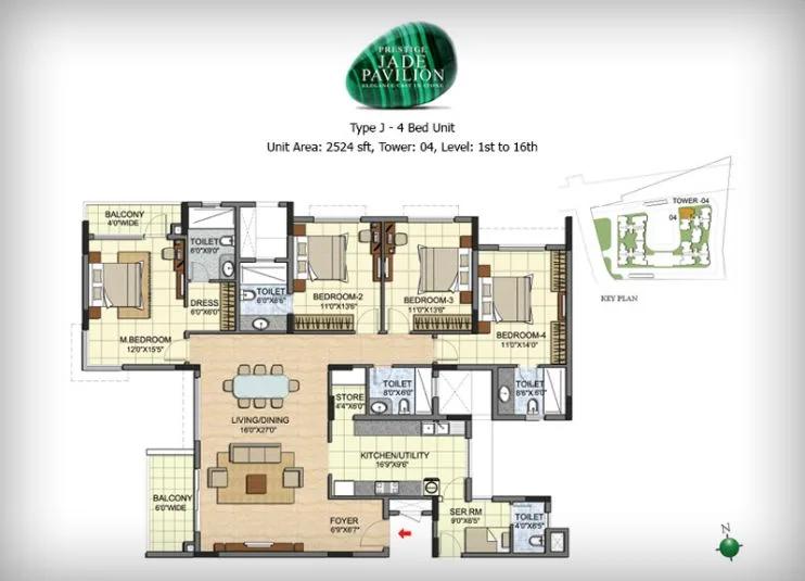 Prestige Jade Pavilion 4 BHK floor plan, about 2,524 sq ft