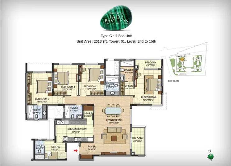 Prestige Jade Pavilion 4 BHK floor plan, about 2,513 sq ft