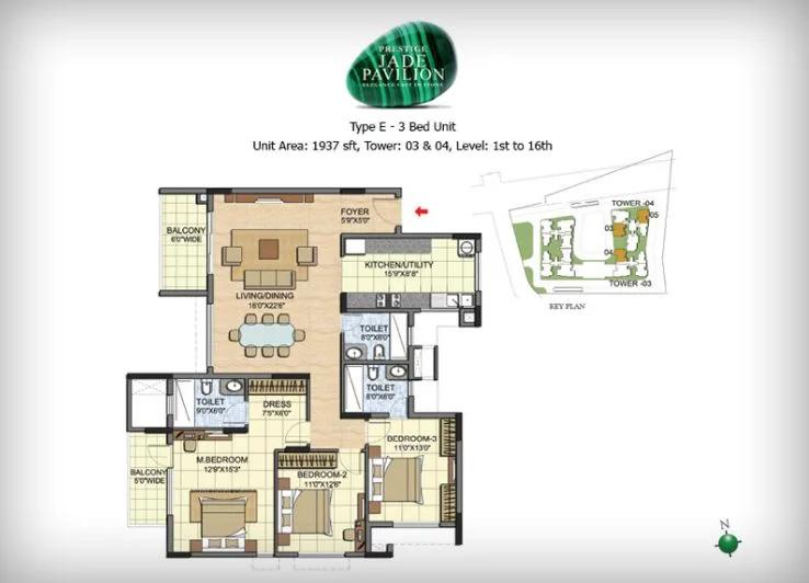 Prestige Jade Pavilion 3 BHK floor plan, about 1,937 sq ft