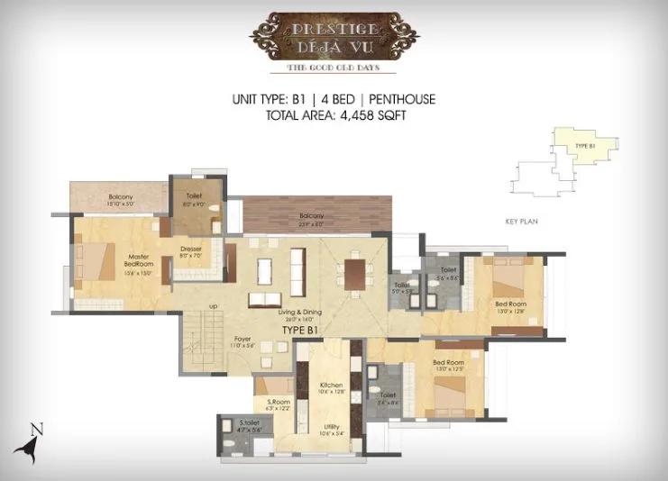 Prestige Deja Vu 4 BHK floor plan, about 4,458 sq ft
