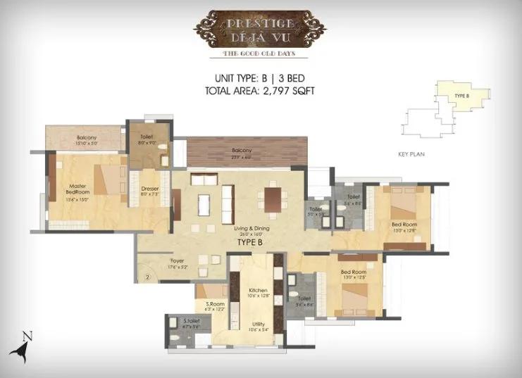 Prestige Deja Vu 3 BHK floor plan, about 2,797 sq ft