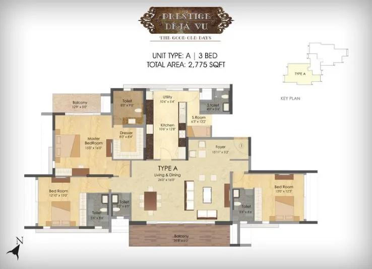 Prestige Deja Vu 3 BHK floor plan, about 2,775 sq ft