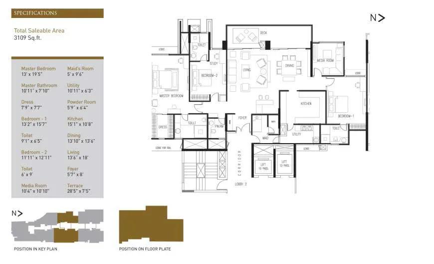 La Palazzo 3 BHK floor plan, about 3,109 sq ft