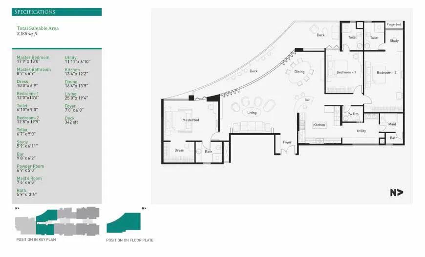 La Palazzo 3 BHK floor plan, about 3,186 sq ft