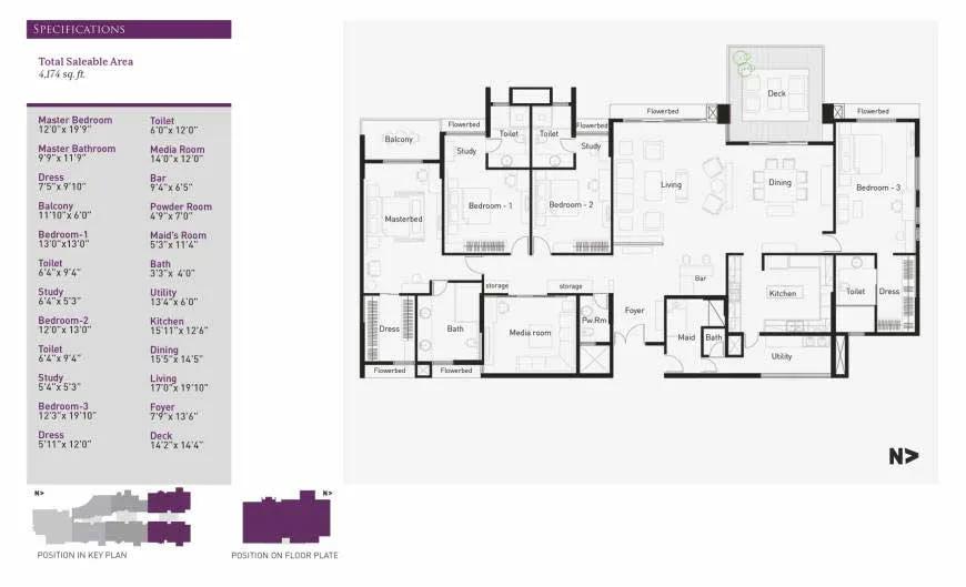 La Palazzo 4 BHK floor plan, about 4,174 sq ft