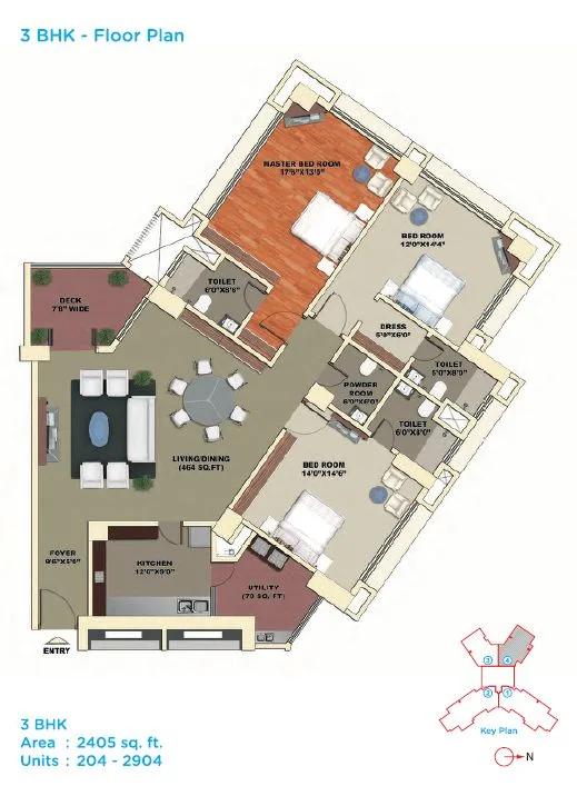 Mantri Pinnacle 3 BHK floor plan, about 2,405 sq ft
