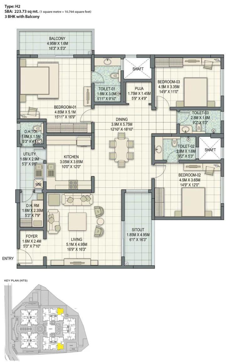 Sobha Palladian 3 BHK floor plan