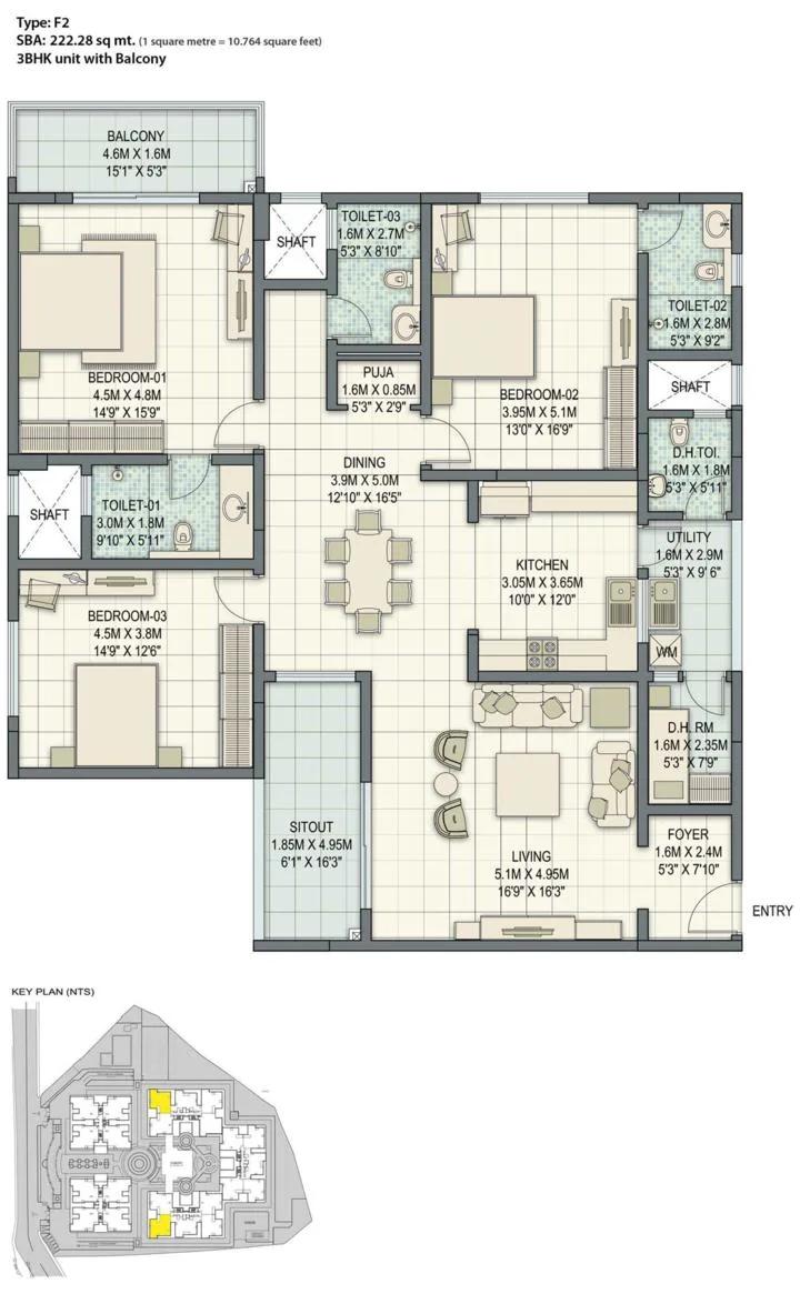 Sobha Palladian 3 BHK floor plan