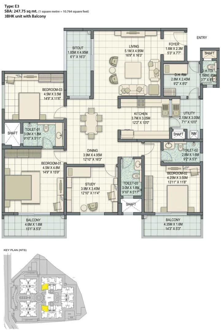 Sobha Palladian 3 BHK floor plan