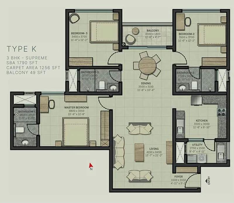 Sobha Arbor 3 BHK floor plan, about 1,790 sq ft