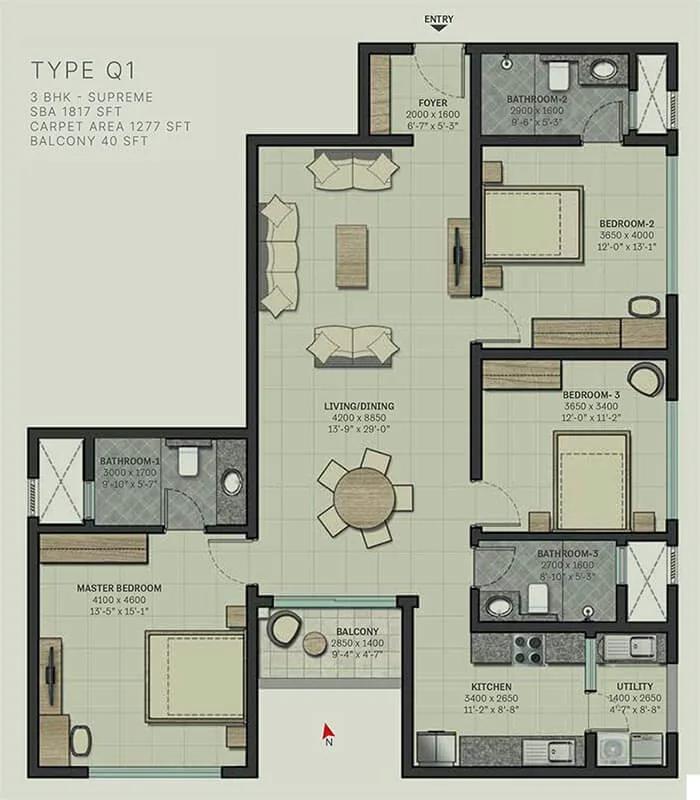 Sobha Arbor 3 BHK floor plan, about 1,817 sq ft