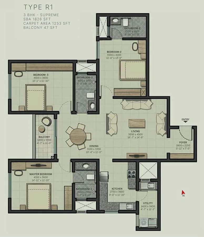 Sobha Arbor 3 BHK floor plan, about 1,826 sq ft