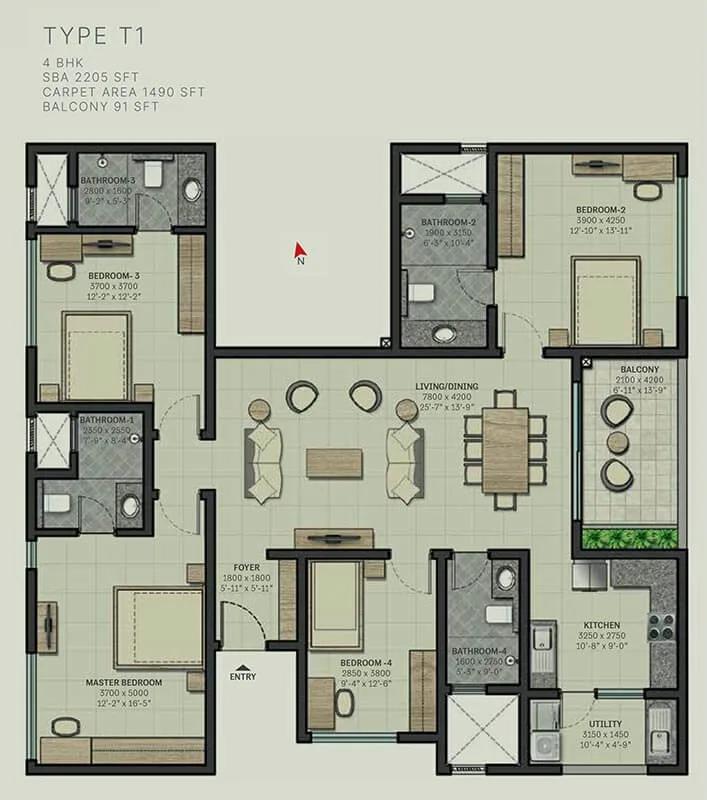 Sobha Arbor 4 BHK floor plan, about 2,205 sq ft