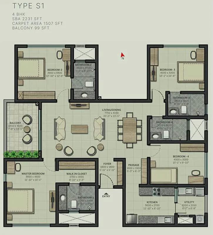 Sobha Arbor 4 BHK floor plan, about 2,231 sq ft