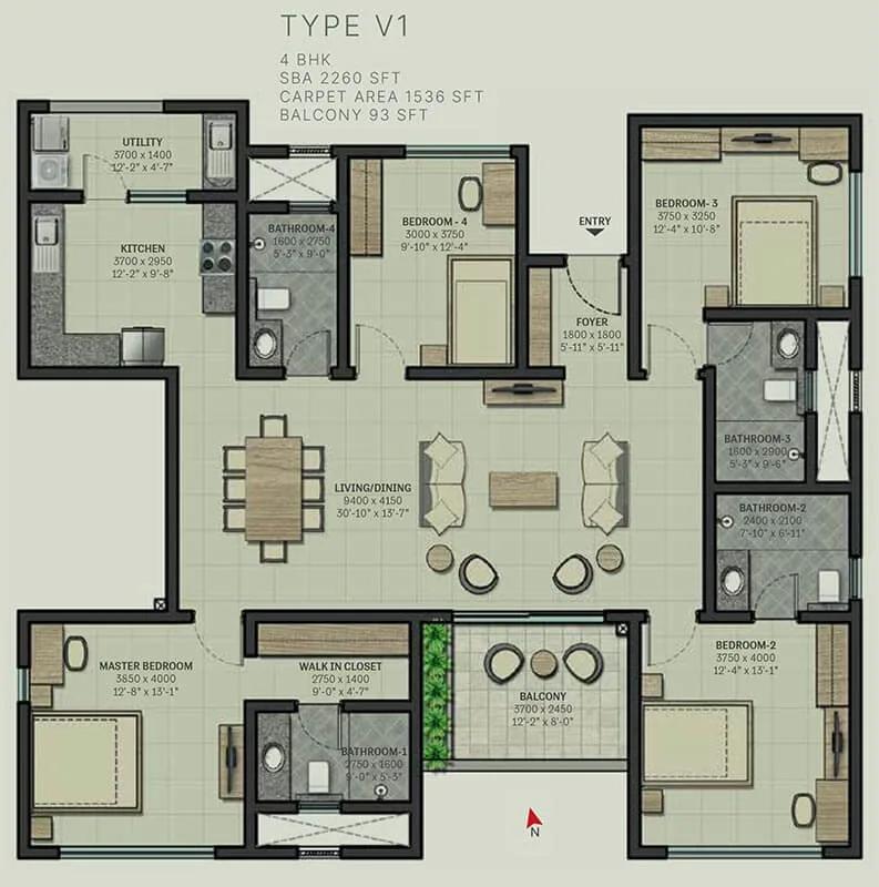 Sobha Arbor 4 BHK floor plan, about 2,260 sq ft