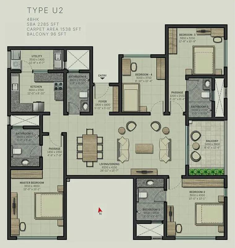 Sobha Arbor 4 BHK floor plan, about 2,285 sq ft