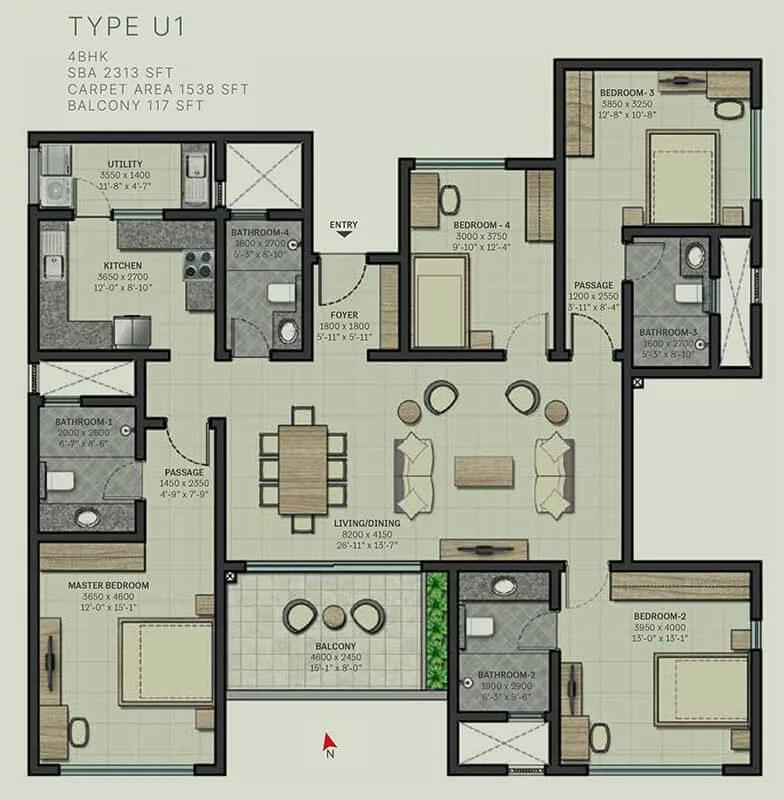 Sobha Arbor 4 BHK floor plan, about 2,313 sq ft