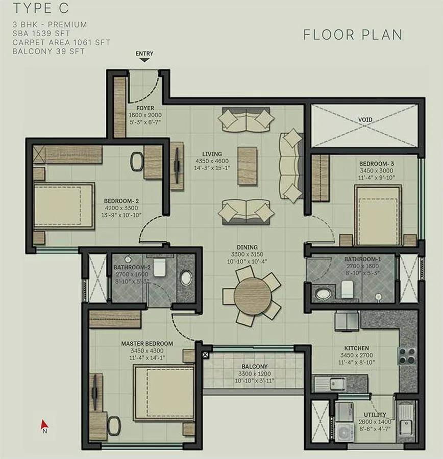 Sobha Arbor 3 BHK floor plan, about 1,539 sq ft