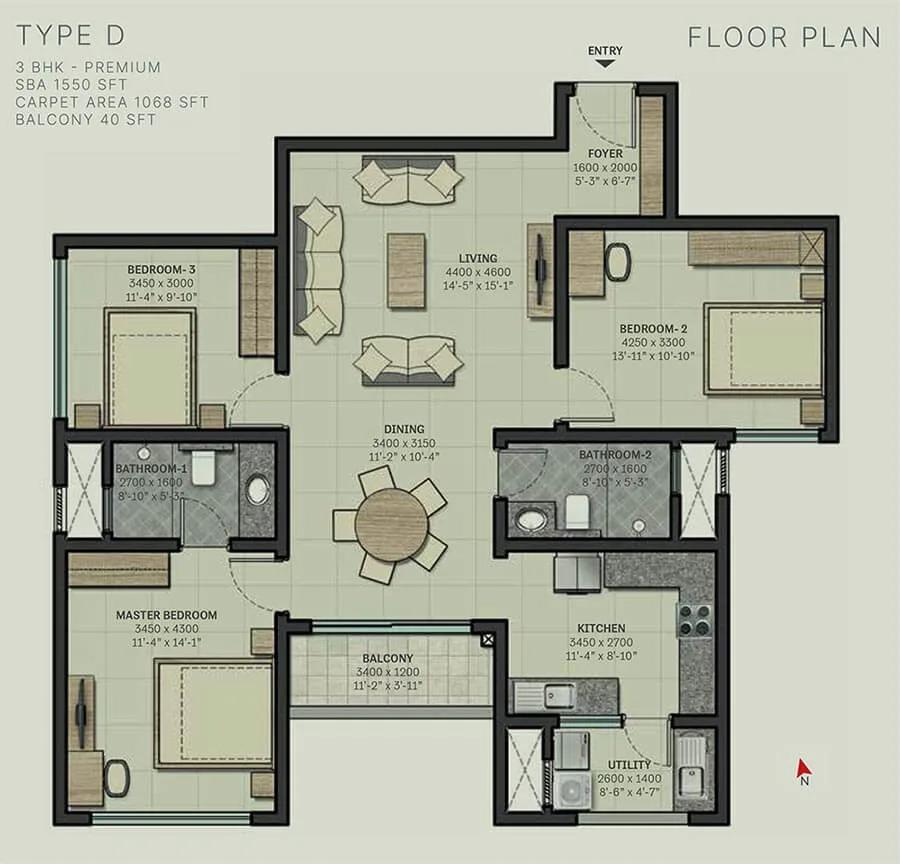 Sobha Arbor 3 BHK floor plan, about 1,550 sq ft