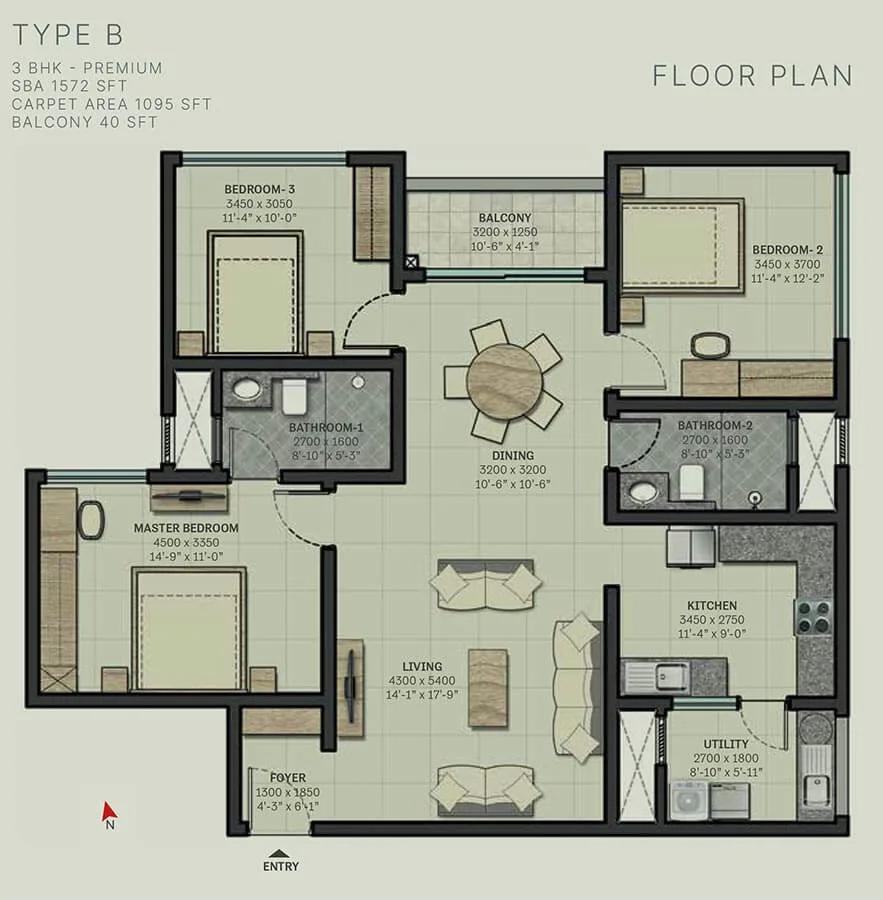 Sobha Arbor 3 BHK floor plan, about 1,572 sq ft