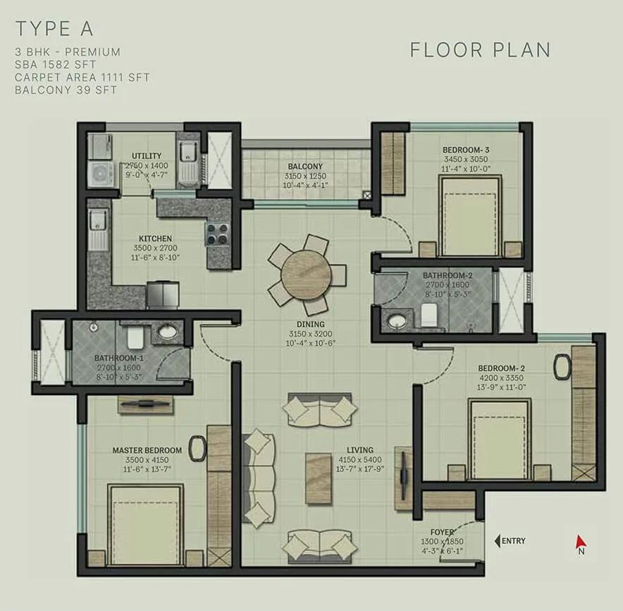 Sobha Arbor 3 BHK floor plan, about 1,582 sq ft