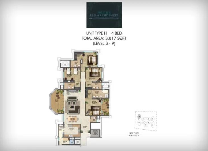Prestige Leela Residences 4 BHK floor plan, about 3,817 sq ft