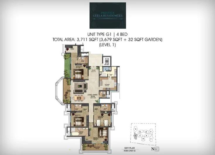Prestige Leela Residences 4 BHK floor plan, about 3,711 sq ft