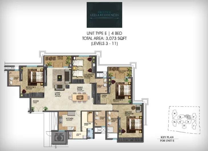 Prestige Leela Residences 4 BHK floor plan, about 3,073 sq ft