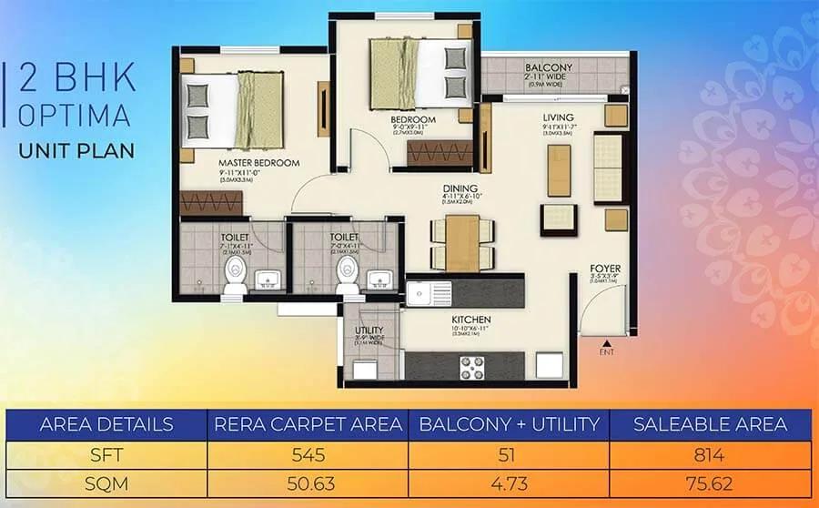 TATA New Haven 2 BHK floor plan, about 814 sq ft