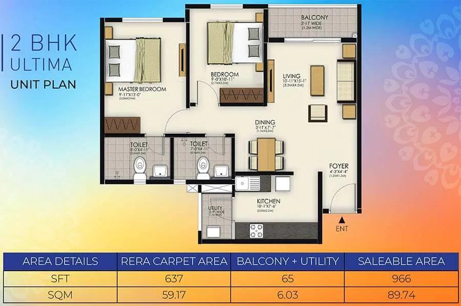 TATA New Haven 2 BHK floor plan, about 966 sq ft