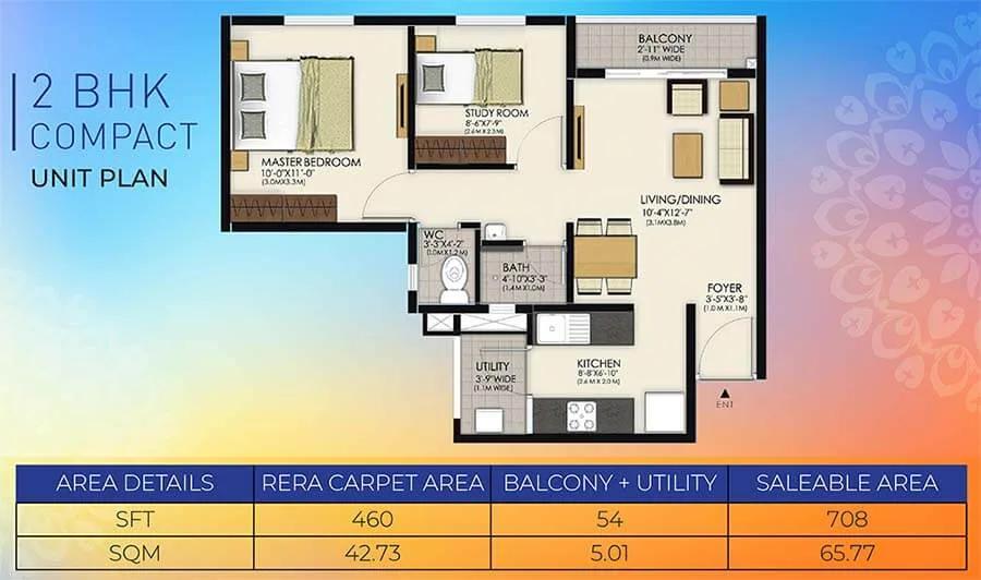 TATA New Haven 2 BHK floor plan, about 708 sq ft