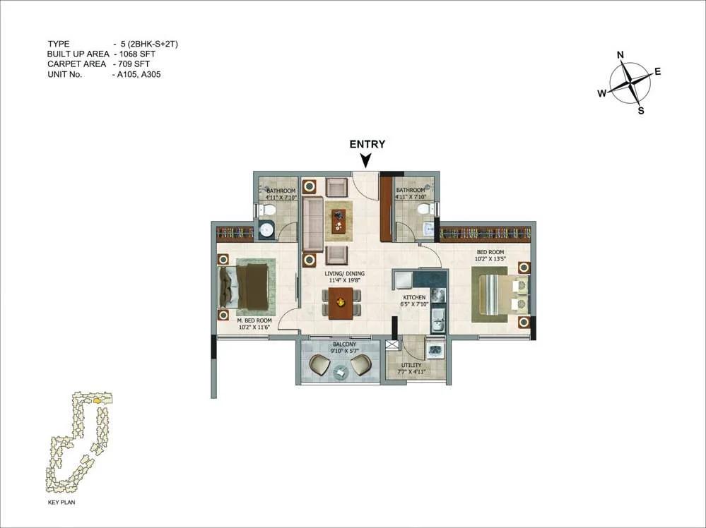 CasaGrand Royce 2 BHK floor plan, about 1,068 sq ft