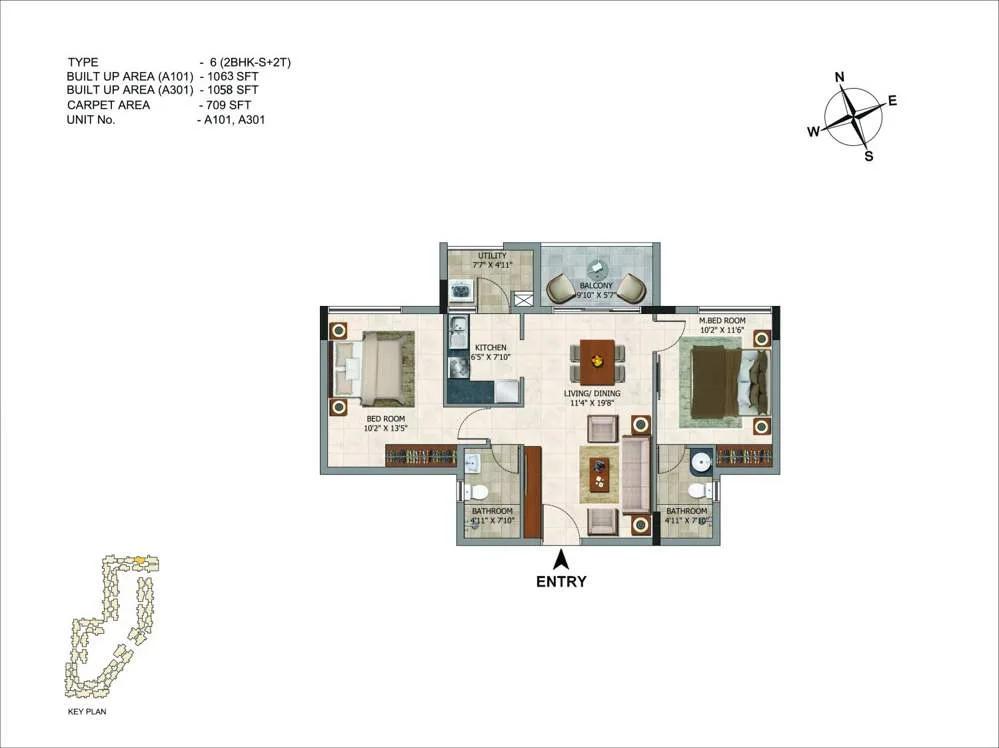 CasaGrand Royce 2 BHK floor plan, about 1,063 sq ft