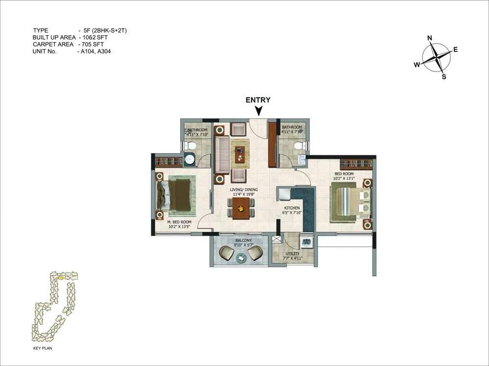 CasaGrand Royce 2 BHK floor plan, about 1,062 sq ft