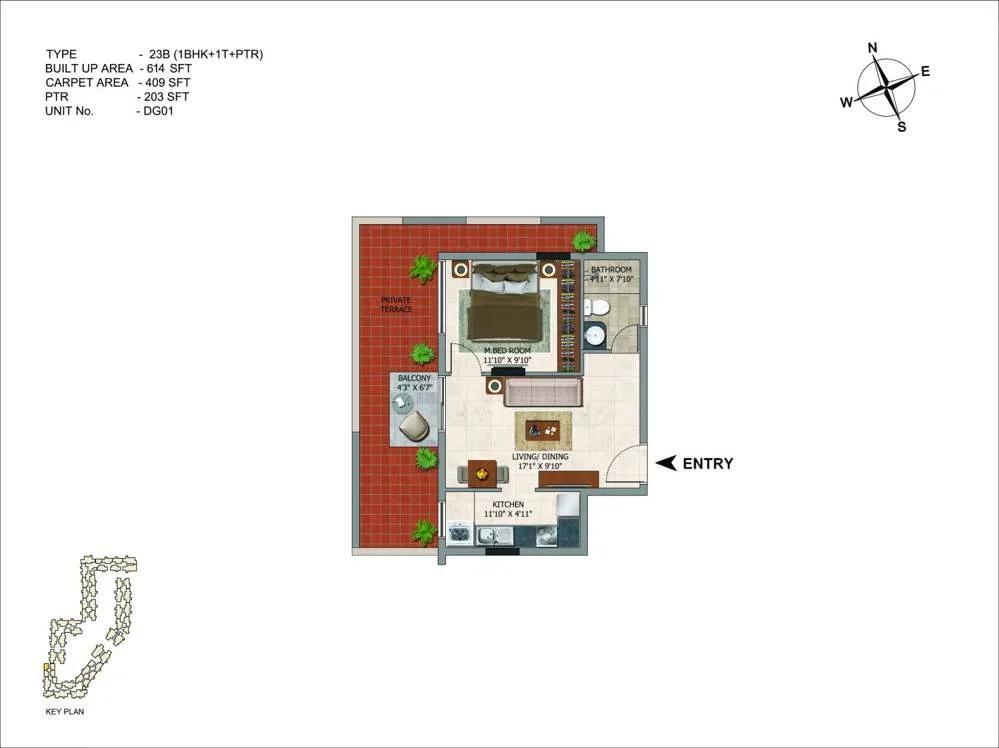 CasaGrand Royce 1 BHK floor plan, about 614 sq ft