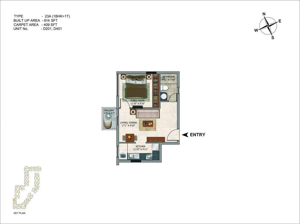 CasaGrand Royce 1 BHK floor plan, about 614 sq ft