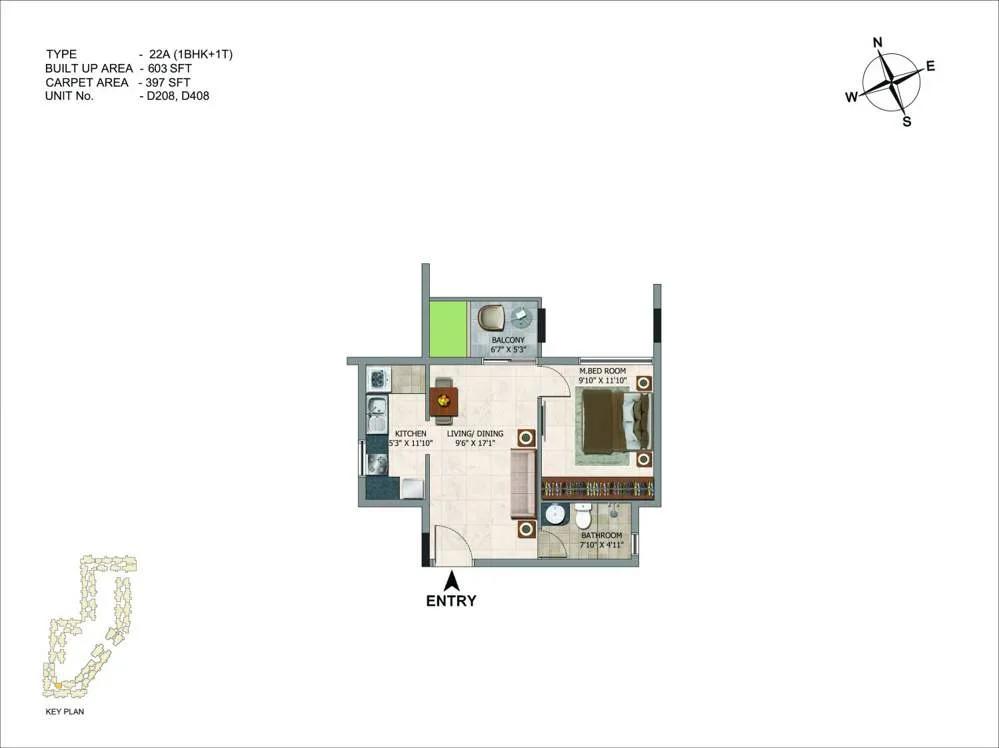 CasaGrand Royce 1 BHK floor plan, about 603 sq ft
