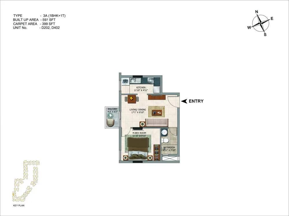 CasaGrand Royce 1 BHK floor plan, about 597 sq ft