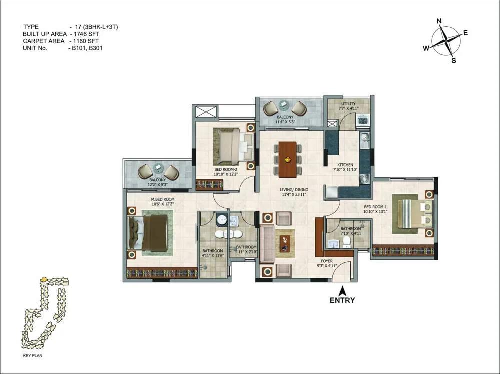CasaGrand Royce 3 BHK floor plan, about 1,746 sq ft
